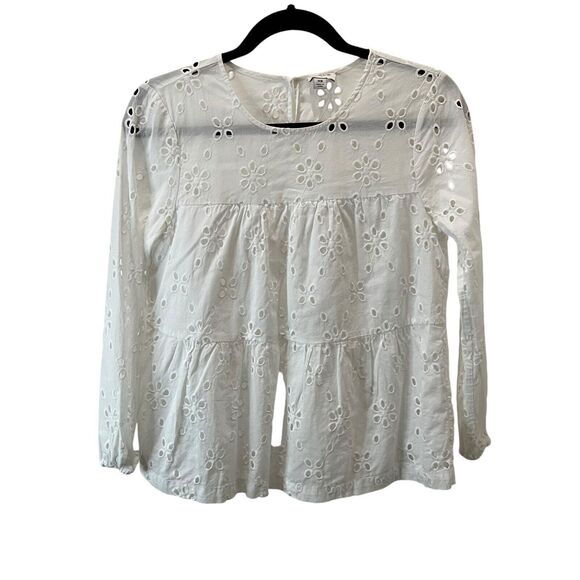 J. Crew Factory Womens Eyelet Tiered Long Sleeve Top Size XS White Keyhole - Picture 1 of 12